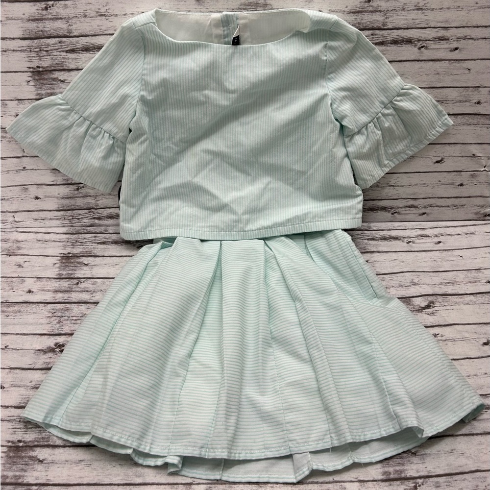Janie And Jack 2-Piece Skirt Pearl Button Blouse Size 5 Light Blue White Stripe